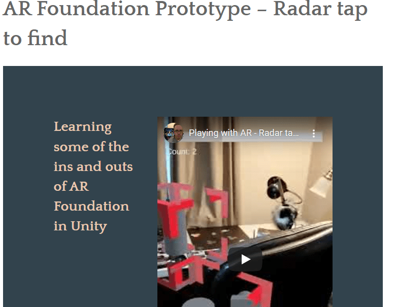A screenshot of AR Foundation Prototype - Radar tap to find