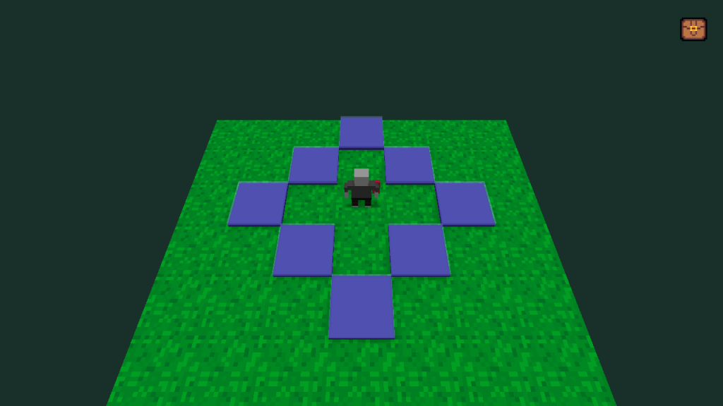 4 blue tiles in a diamond surrounding the player character model on a green grass tile grid.